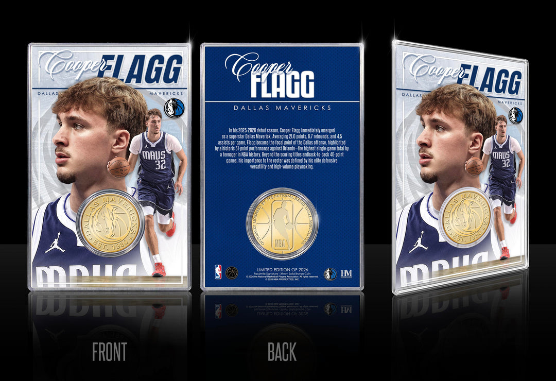 DALLAS MAVERICKS HIGHLAND MINT COOPER FLAGG ROOKIE OF THE YEAR BRONZE COIN CARD