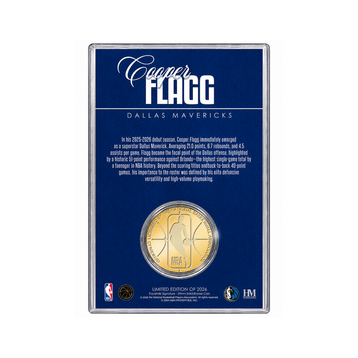DALLAS MAVERICKS HIGHLAND MINT COOPER FLAGG ROOKIE OF THE YEAR BRONZE COIN CARD