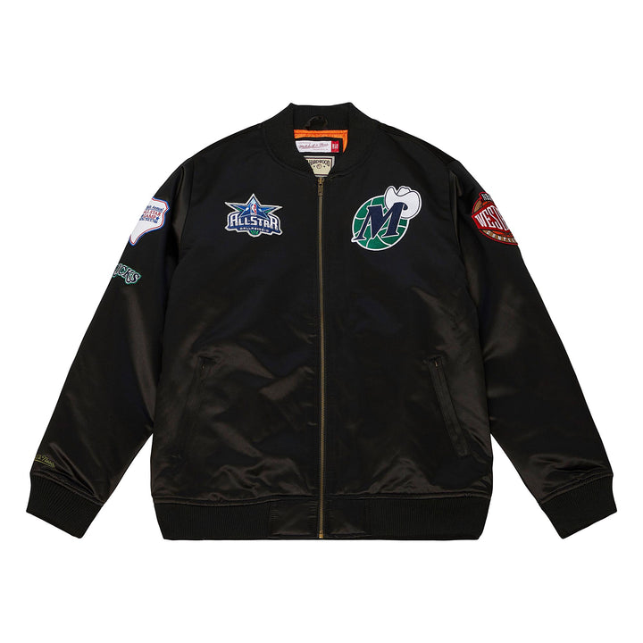 DALLAS MAVERICKS MITCHELL & NESS FLIGHT BLACK SATIN BOMBER JACKET