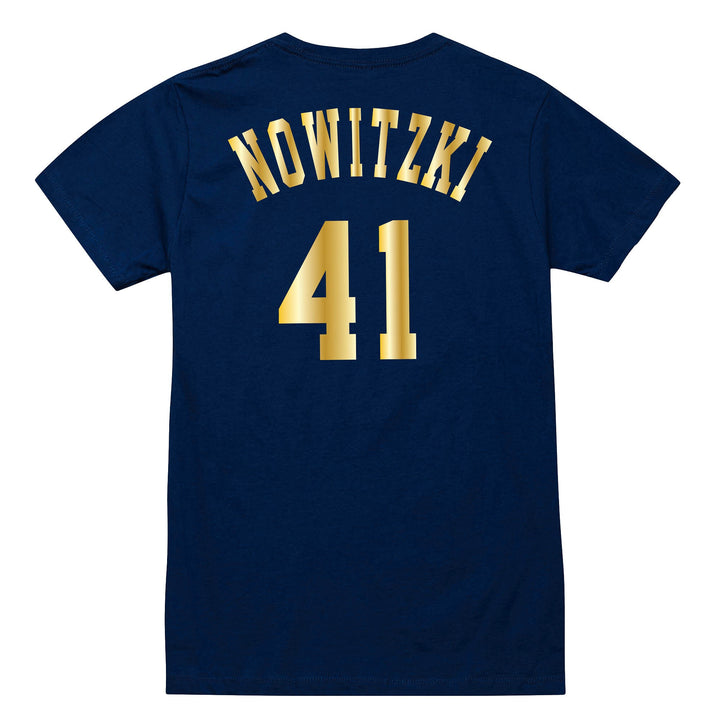 DALLAS MAVERICKS MITCHELL & NESS WOMENS DIRK NOWITZKI GOLD NAME & NUMBER TEE